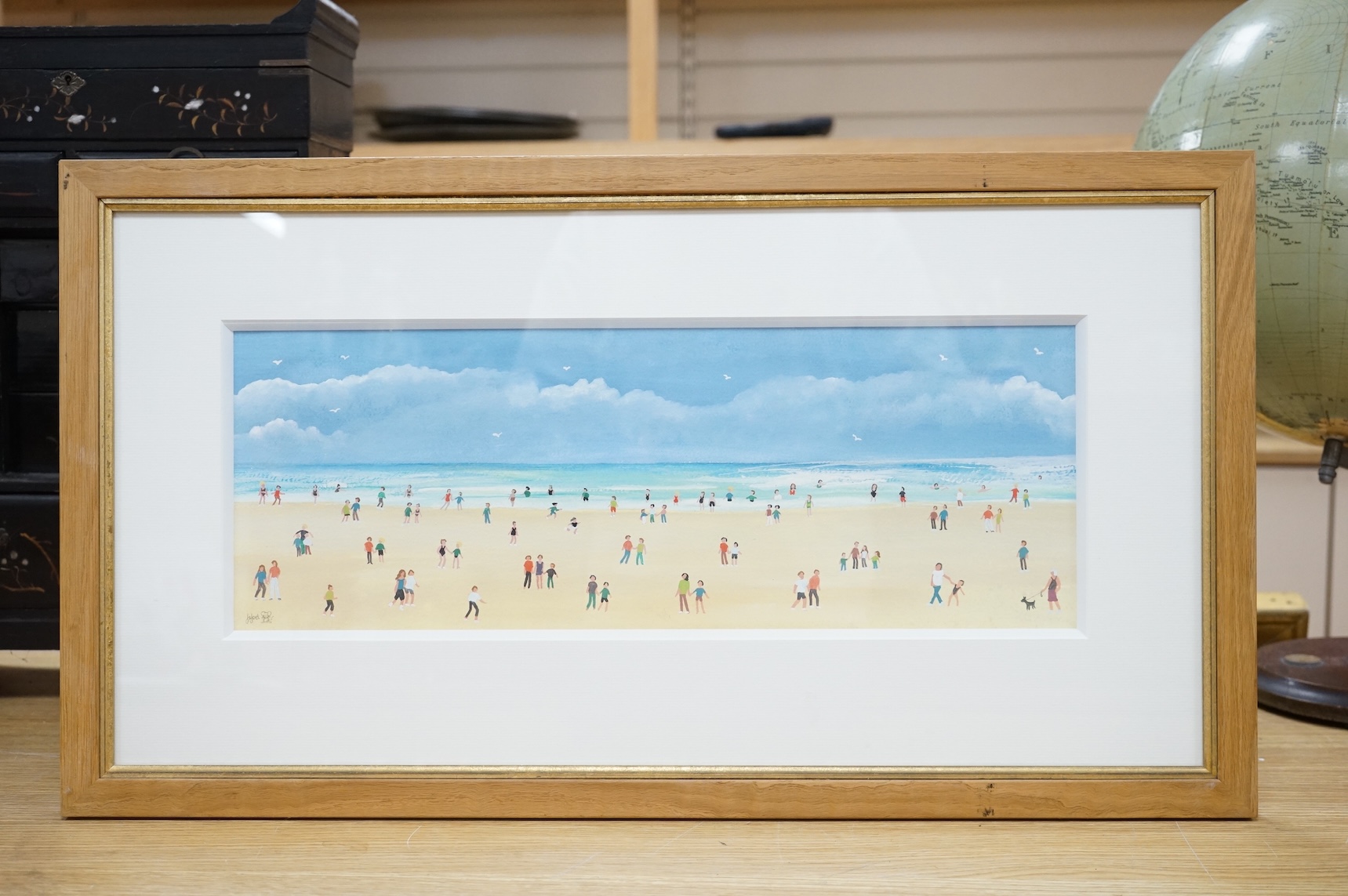 Judy Joel (Contemporary), Figures on the beach, signed, Naive style gouache, 17 x 47cm